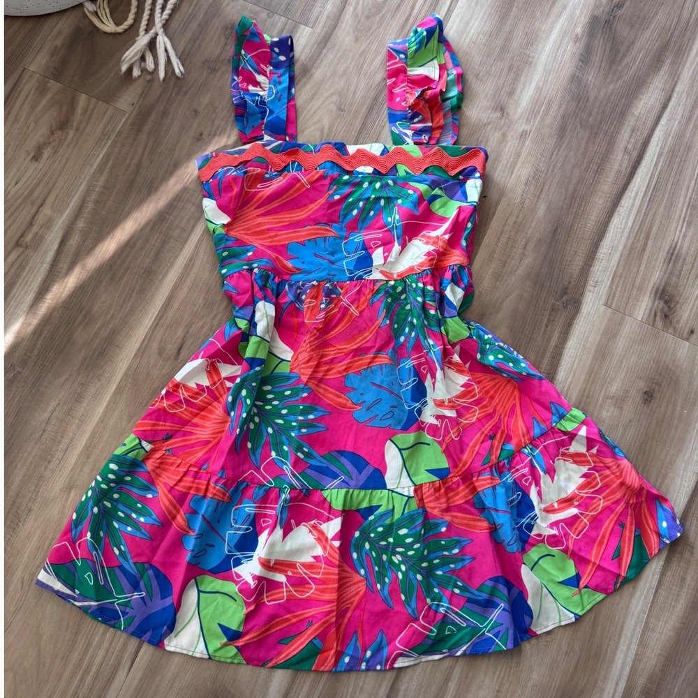 Umgee Pink Tropical Print Mini Dress with Blue & Green Accents